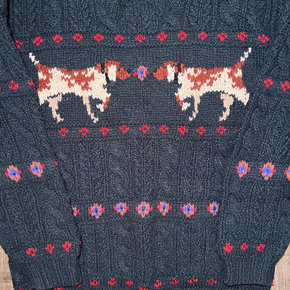 Vintage Woolrich Men’s XL Sweater Cable Knit Hunting Dogs Green Lodge Retro - Picture 3 of 12